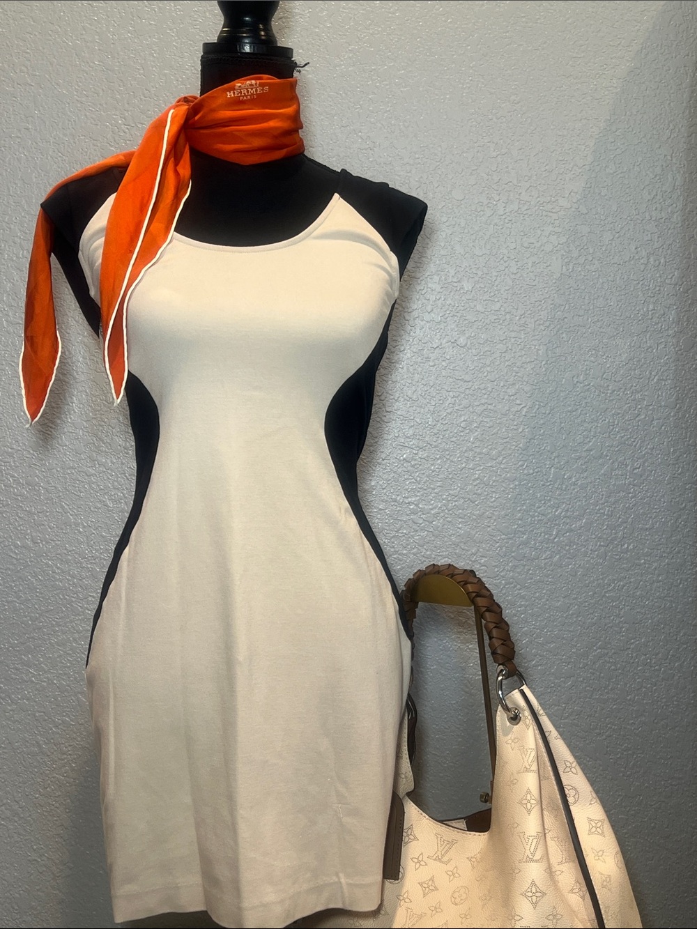 Express Ivory Mini Dress with Black Side Panels